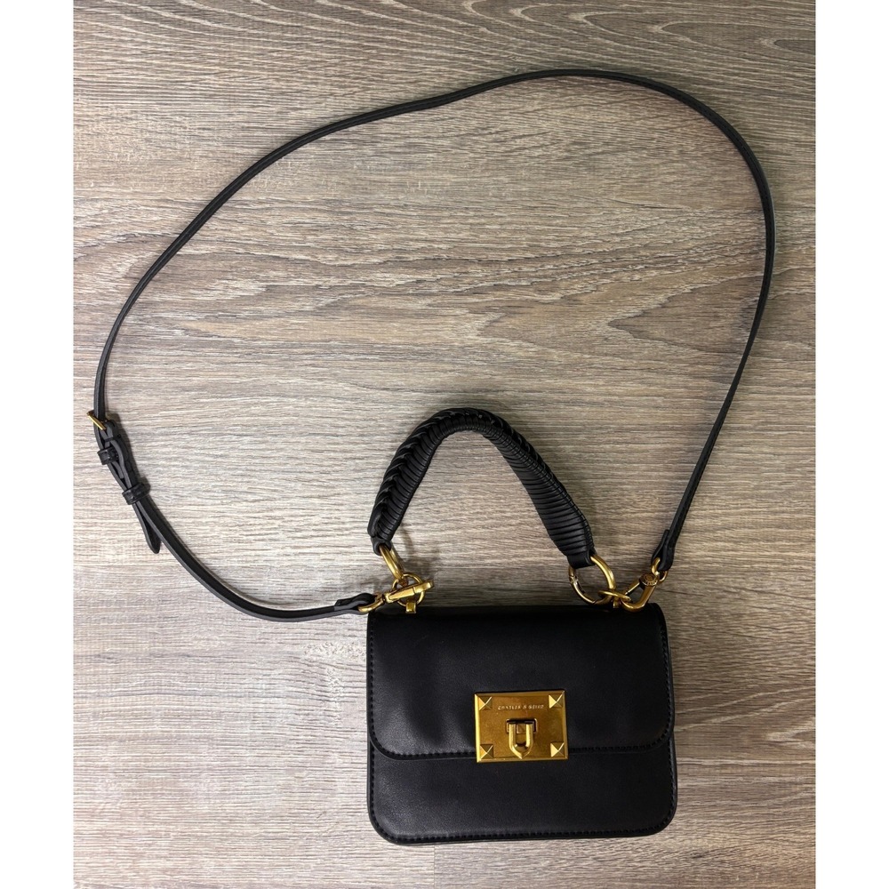 Charles & Keith Black Braided Handle Crossbody Bag Gold Studded Push Lock Flap